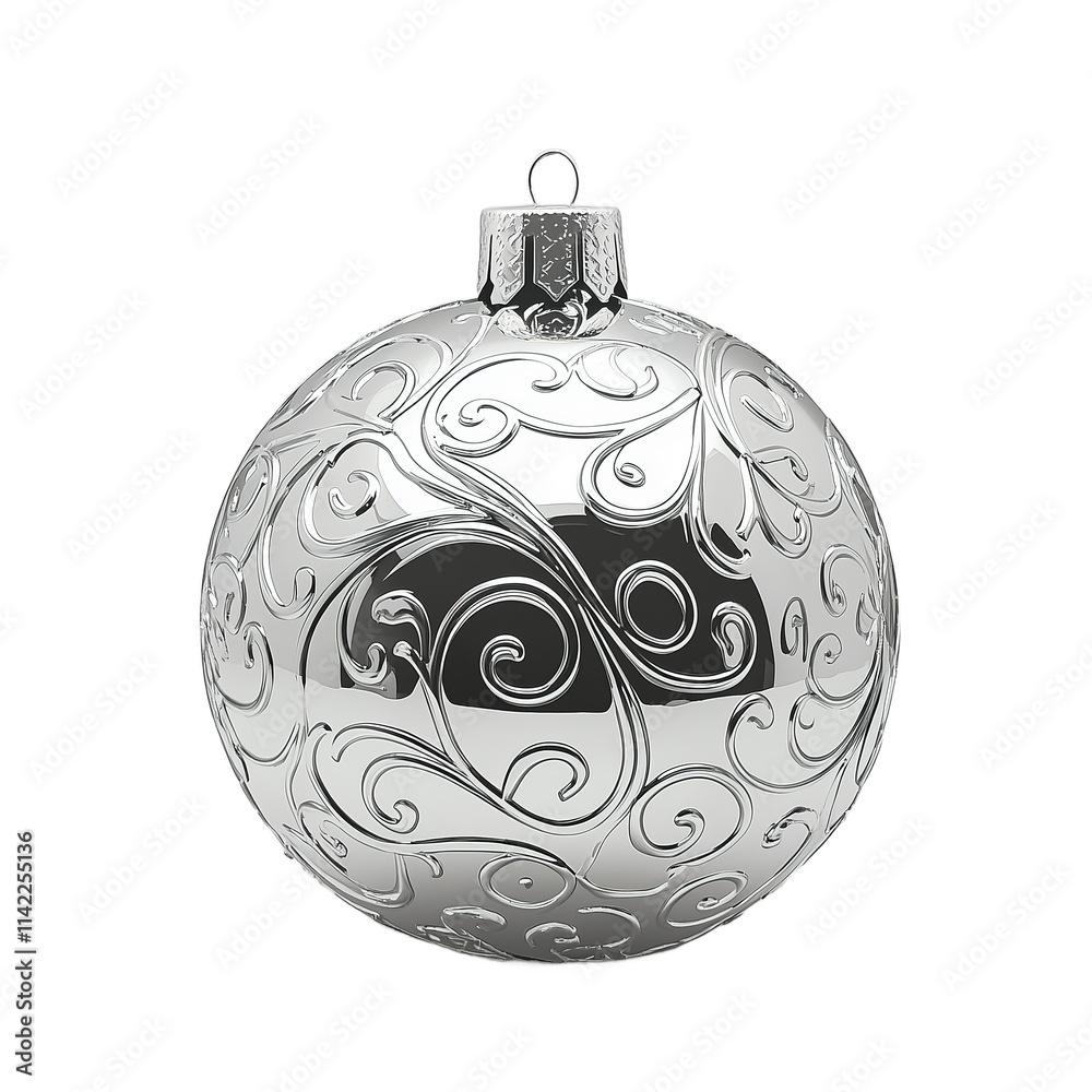 Silver Christmas ornament with intricate swirl design isolated on PNG cutout background. Silver Christmas ornament with intricate swirl design isolated on PNG cutout background.