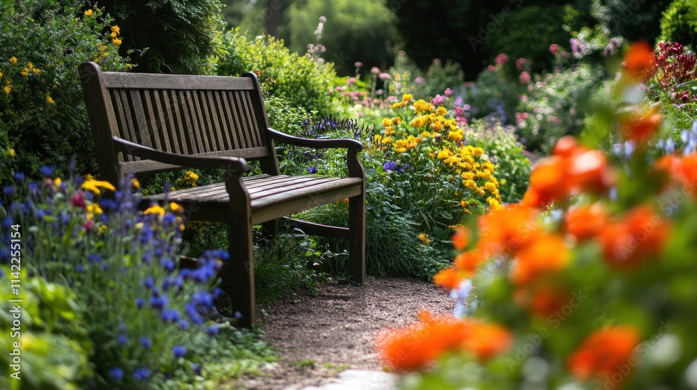 Obraz premium Wooden Bench in a Colorful Garden