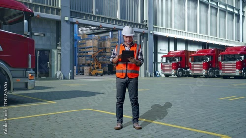 Wallpaper Mural Full Body Of Asian Male Engineer With Safety Helmet Working On A Tablet While Standing , Outside of Logistics Distributions Warehouse Torontodigital.ca