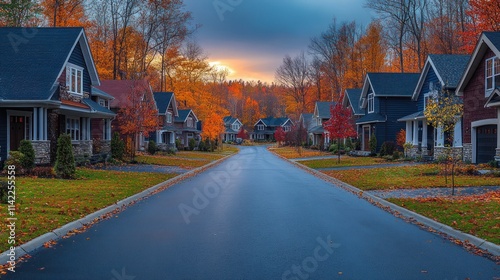 Serene suburban street during autumn sunset.