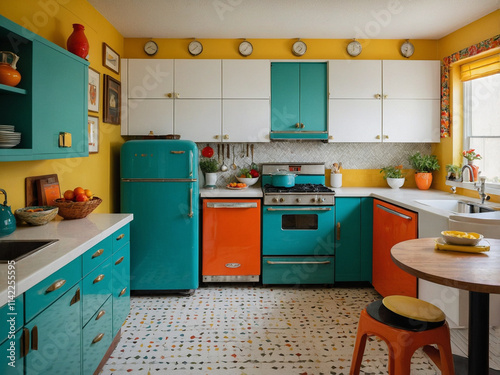 A colorful retro kitchen featuring teal cabinets, orange decor, and yellow accents. Mid-century design with warm lighting and vintage appliances. Cozy, homelike, homey, and nostalgic aesthetic.