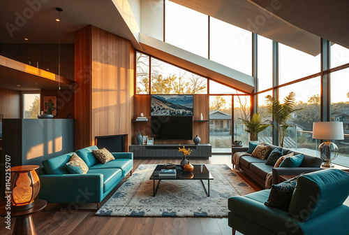 Modern living room design contemporary home interior photography bright environment wide view aesthetic appeal