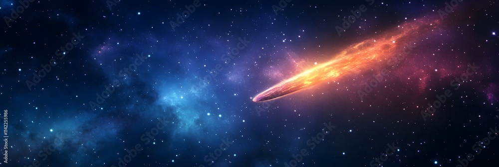 A vibrant cosmic scene featuring a glowing comet streaking through a star-filled galaxy, showcasing the beauty of outer space. A vibrant cosmic scene featuring a glowing comet streaking through a star-filled galaxy, showcasing the beauty of outer space.