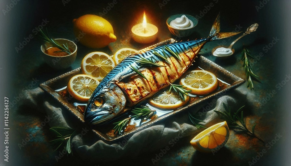 A beautifully arranged culinary presentation of grilled fish with lemon slices and green garnish. Captures a rustic and gourmet dining atmosphere with emphasis on natural, fresh ingredients and vibran A beautifully arranged culinary presentation of grilled fish with lemon slices and green garnish. Captures a rustic and gourmet dining atmosphere with emphasis on natural, fresh ingredients and vibran