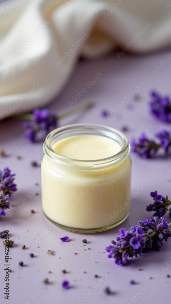 Handcrafted jar of yellow-colored beef tallow with a top view, surrounded by lavender buds on a purple surface. Handcrafted jar of yellow-colored beef tallow with a top view, surrounded by lavender buds on a purple surface.