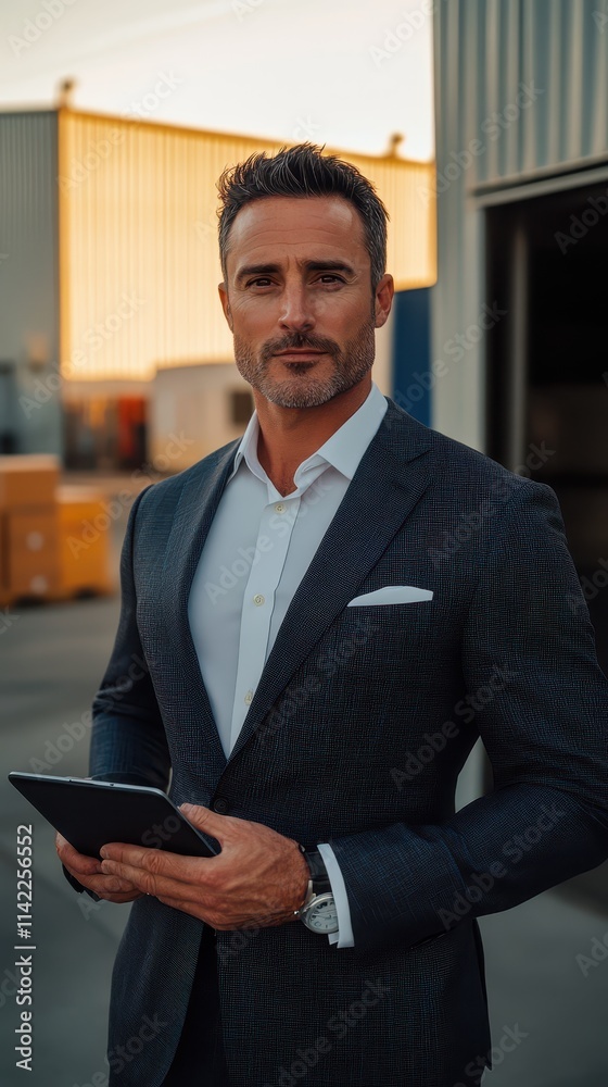 Businessman in a suit holding a tablet during sunset outside a warehouse Businessman in a suit holding a tablet during sunset outside a warehouse