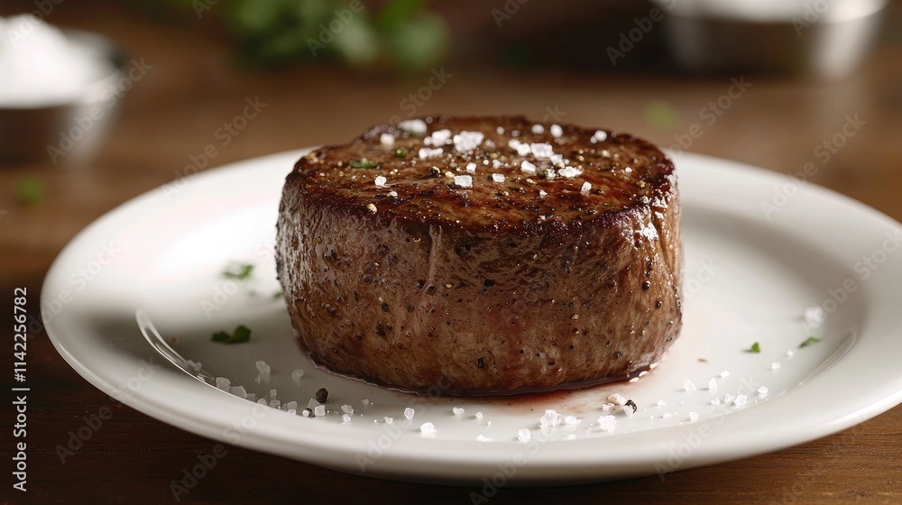 A close-up image of a perfectly cooked steak resting on a white plate, garnished with a sprinkle of sea salt and cracked black pepper, showcasing the quality and flavors of the dish. A close-up image of a perfectly cooked steak resting on a white plate, garnished with a sprinkle of sea salt and cracked black pepper, showcasing the quality and flavors of the dish.