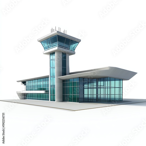 Modern airport control tower, glass exterior, isolated on white background.