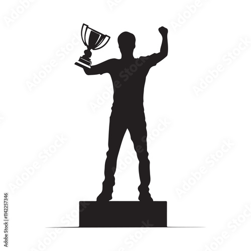 Silhouette champion standing on a winner podium holding the trophy black color only vector image on white background.