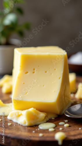 A block of beef tallow on a wooden cutting board. photo