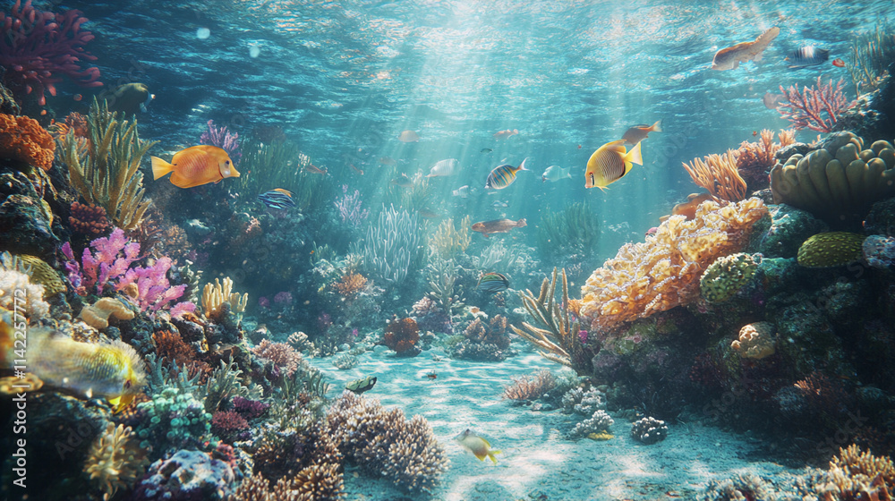 Obraz premium Vibrant Underwater Coral Reef Ecosystem with Marine Life and Sunlit Waters