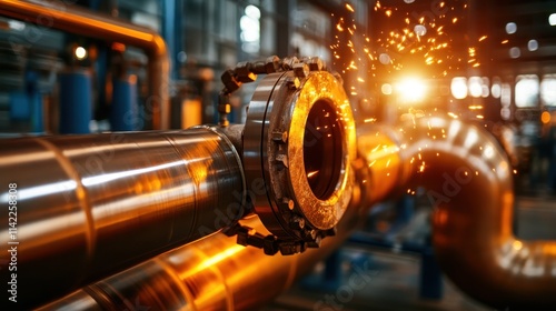A close-up view of a pipe welding process in an industrial setting, with luminous sparks flying sharply into the air, against a backdrop of various factory machinery. photo