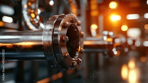 This photograph highlights gleaming metallic pipe fittings in a factory setting, capturing the detail and craftsmanship involved in industrial machinery installations. photo