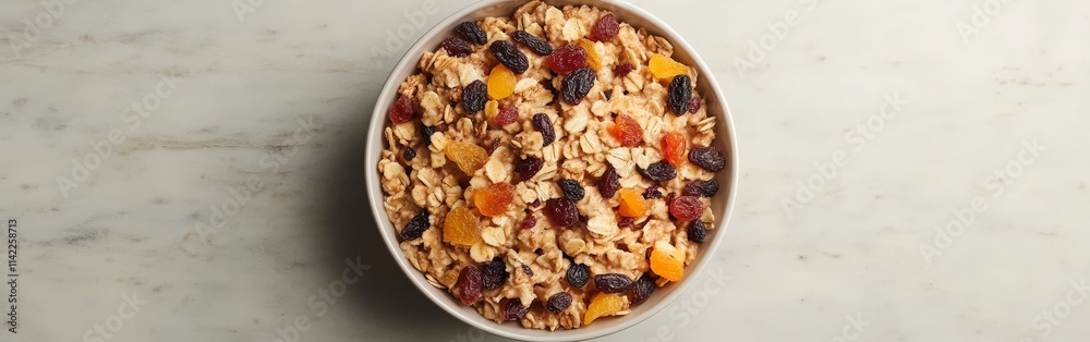 Bowl of Creamy Oatmeal Topped with Dried Fruits Bowl of Creamy Oatmeal Topped with Dried Fruits