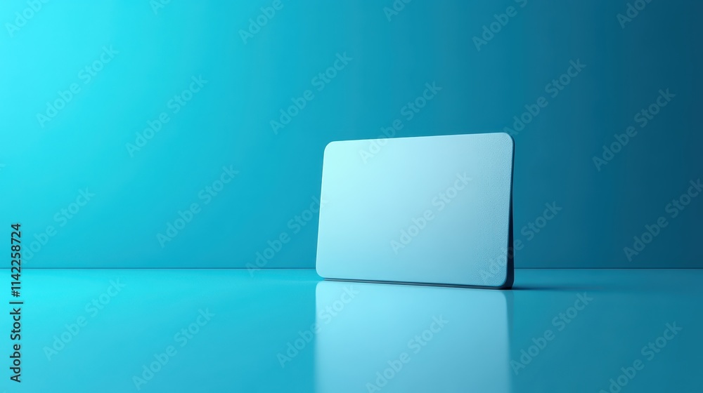 Bank card stands upright on a smooth light blue surface in a minimalistic setting Bank card stands upright on a smooth light blue surface in a minimalistic setting