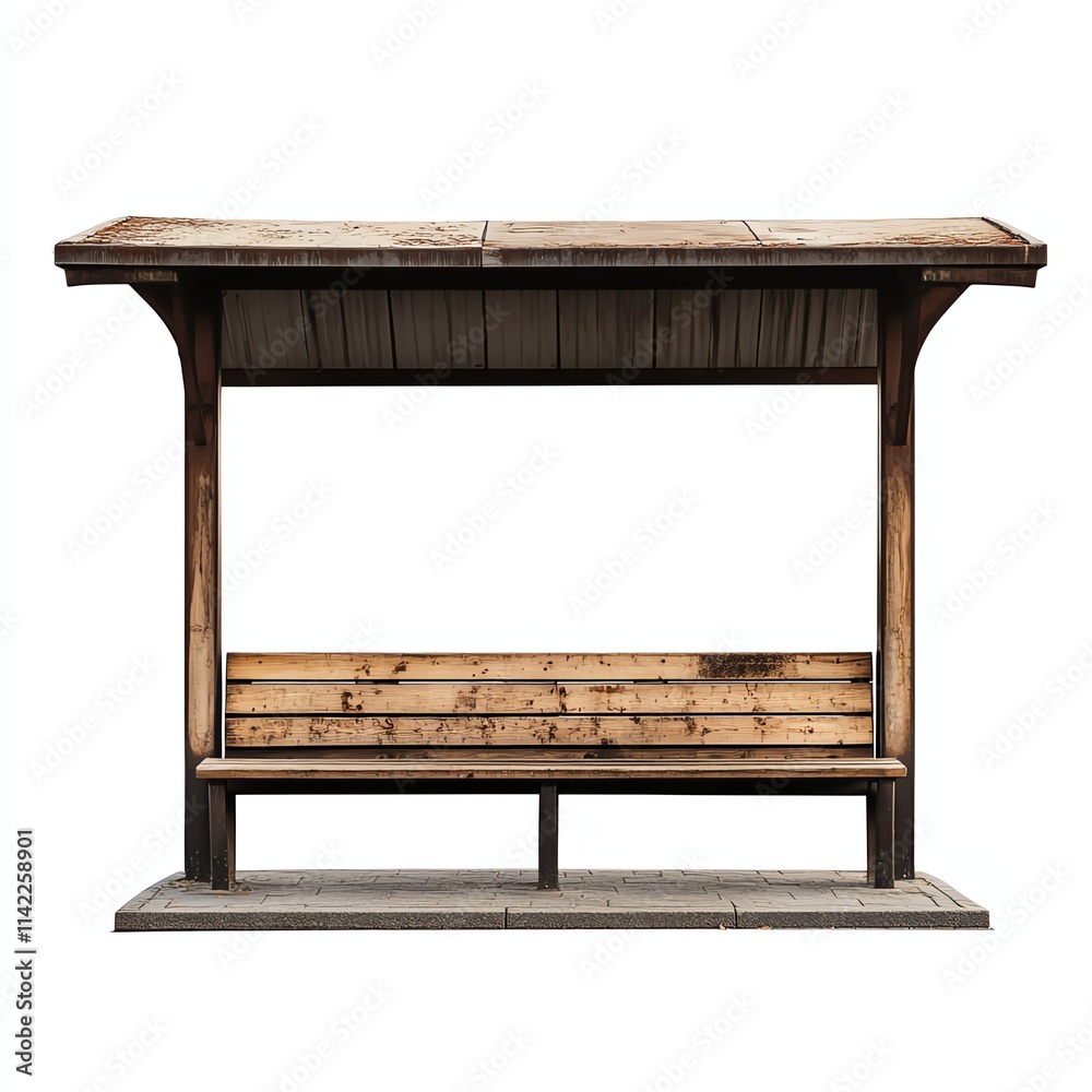Wooden bus stop shelter, empty bench, white isolated background. Wooden bus stop shelter, empty bench, white isolated background.