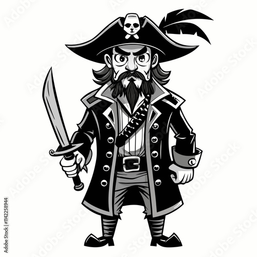 Cartoon Pirate with Sword and Hat in Black and White Illustration