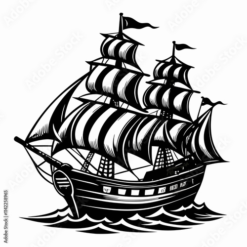 Vintage Sailing Ship Illustration with Billowing Sails on Ocean Waves
