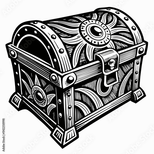 Intricate Black and White Treasure Chest Illustration with Decorative Patterns