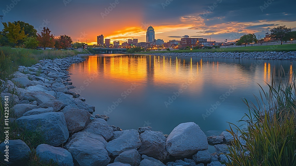 Obraz premium Wichita City Skyline Sunset Reflection Water Rocks