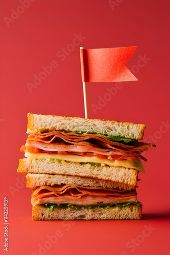 Delicious sandwich stacked high with layers of meat and greens topped with a flag against a vibrant red background