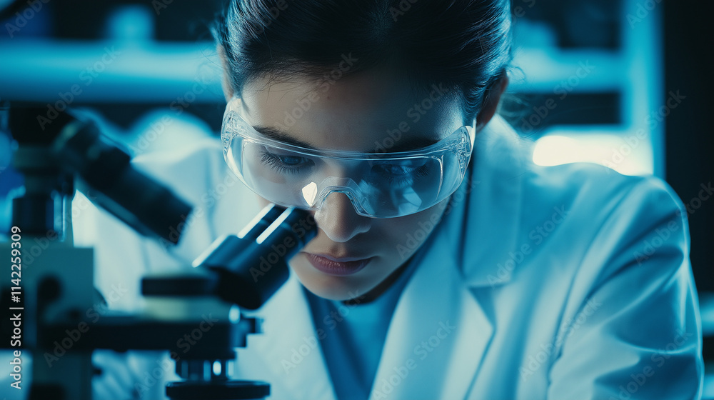 Medical professional intently examining a microscope slide, deeply focused on disease investigation in a sterile lab environment. Medical professional intently examining a microscope slide, deeply focused on disease investigation in a sterile lab environment.