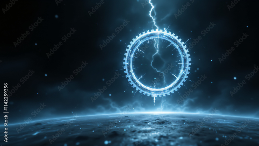 A mesmerizing electric blue ring with lightning, glowing in a dark, starry sky. A mesmerizing electric blue ring with lightning, glowing in a dark, starry sky.