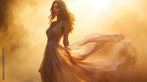 Female model in flowing boho dress, standing gracefully with warm lighting effects,