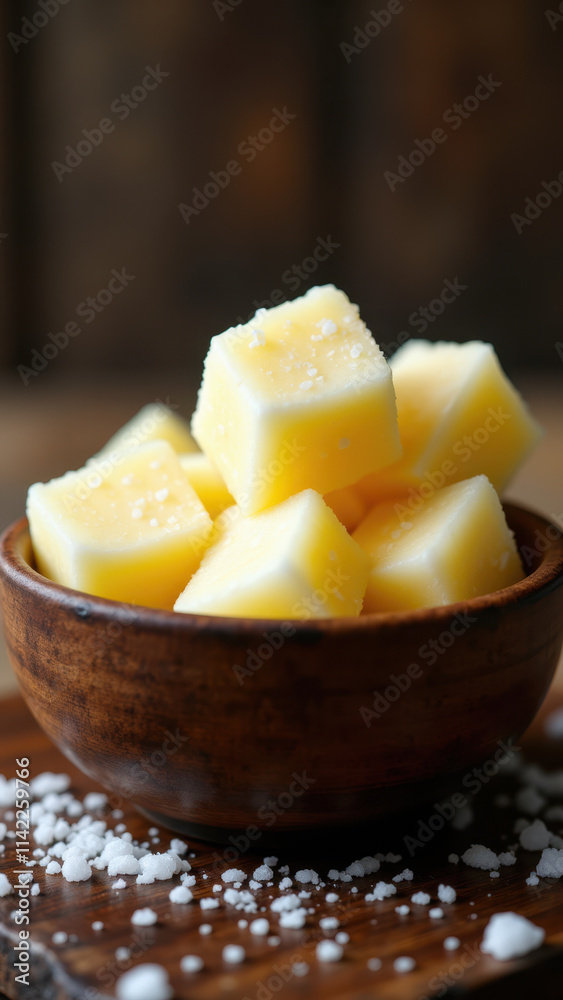A bowl filled with freshly cut cubes of yellow cheese. A bowl filled with freshly cut cubes of yellow cheese.