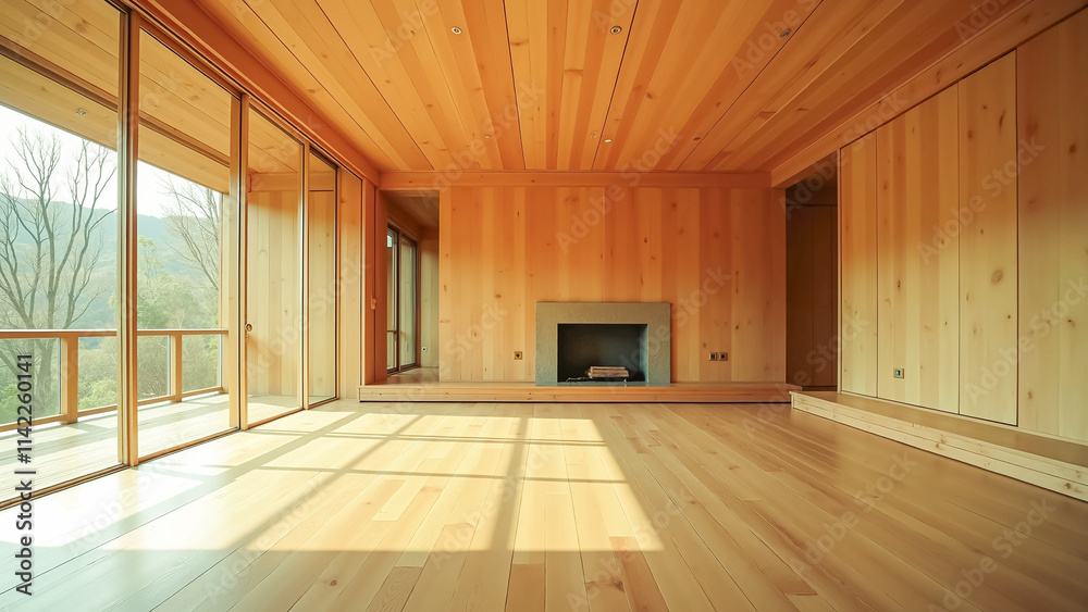Modern minimalist living room with wooden interior and large windows Modern minimalist living room with wooden interior and large windows