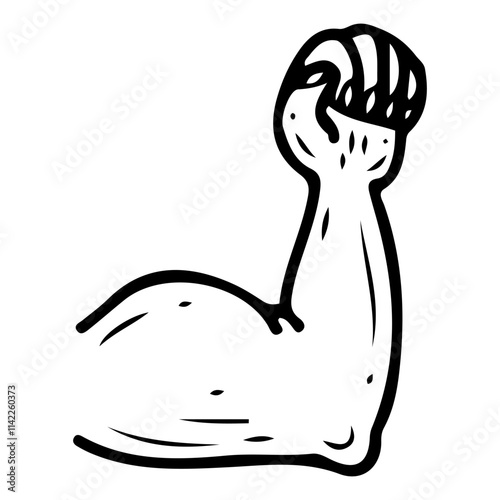 Arm with strong muscles hand drawn doodle. Bodybuilder biceps. Jock. Clenched fist. Elbow. Male body part. Vector line art illustration.