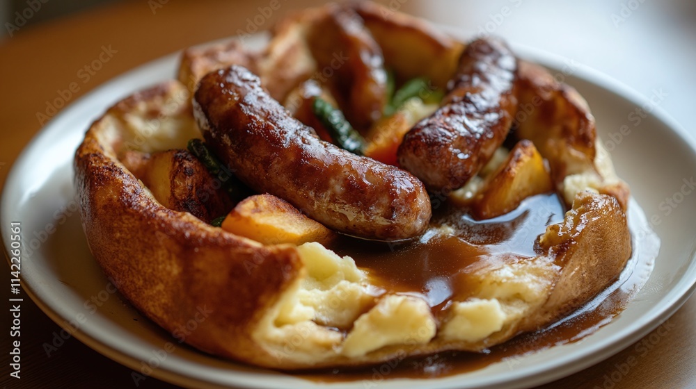 A plate of toad in the hole, with sausages baked in Yorkshire pudding batter, served with gravy A plate of toad in the hole, with sausages baked in Yorkshire pudding batter, served with gravy