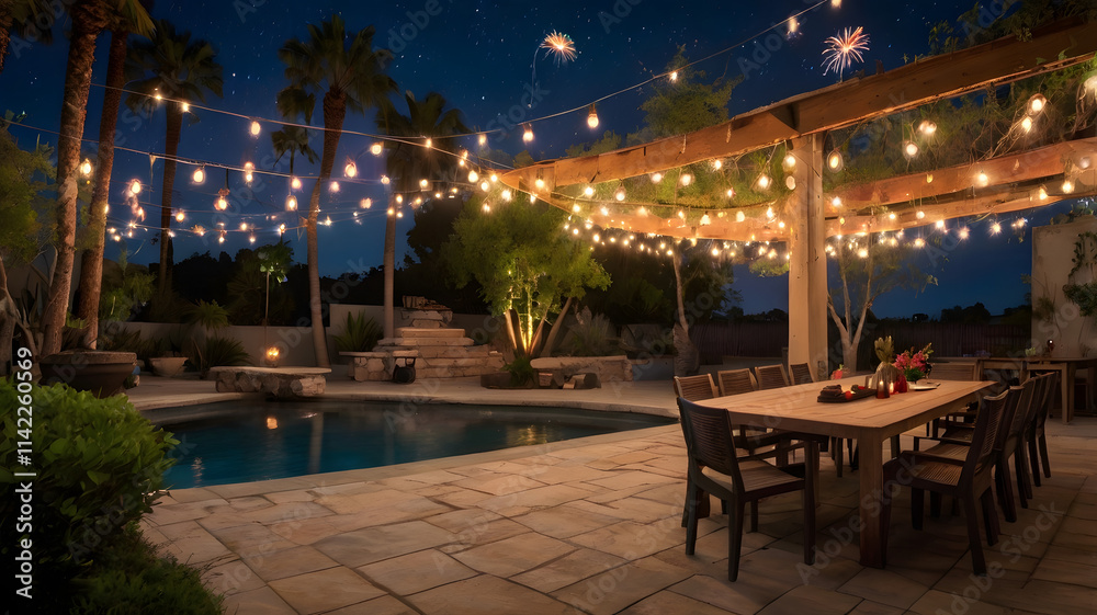 Obraz premium Beautiful outdoor patio with pool, chairs, and umbrellas at a luxurious resort
