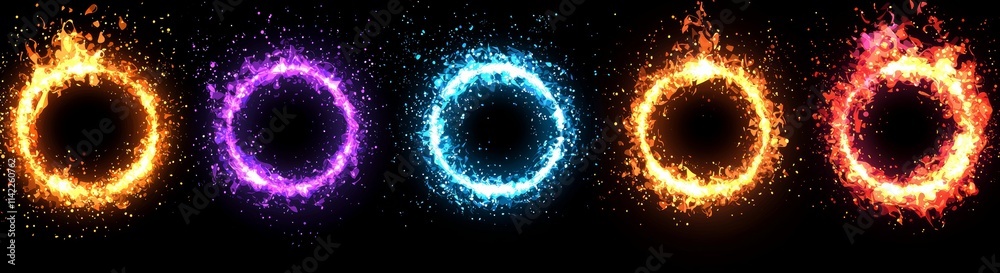 Against a black backdrop, a fictional portal with a luminous effect showcases circles in orange, yellow, blue, and purple, symbolizing fire, ice, and lightning abilities. Against a black backdrop, a fictional portal with a luminous effect showcases circles in orange, yellow, blue, and purple, symbolizing fire, ice, and lightning abilities.