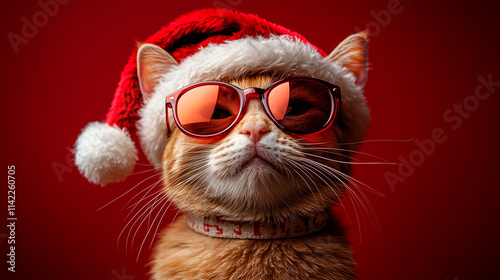 Cute cat wearing red Santa hat and festive glasses against vibrant red background, Christmas holiday theme