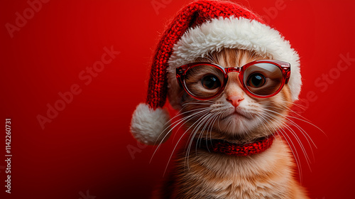 Cute cat wearing red Santa hat and festive glasses against vibrant red background, Christmas holiday theme