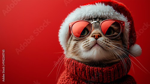 Cute cat wearing red Santa hat and festive glasses against vibrant red background, Christmas holiday theme