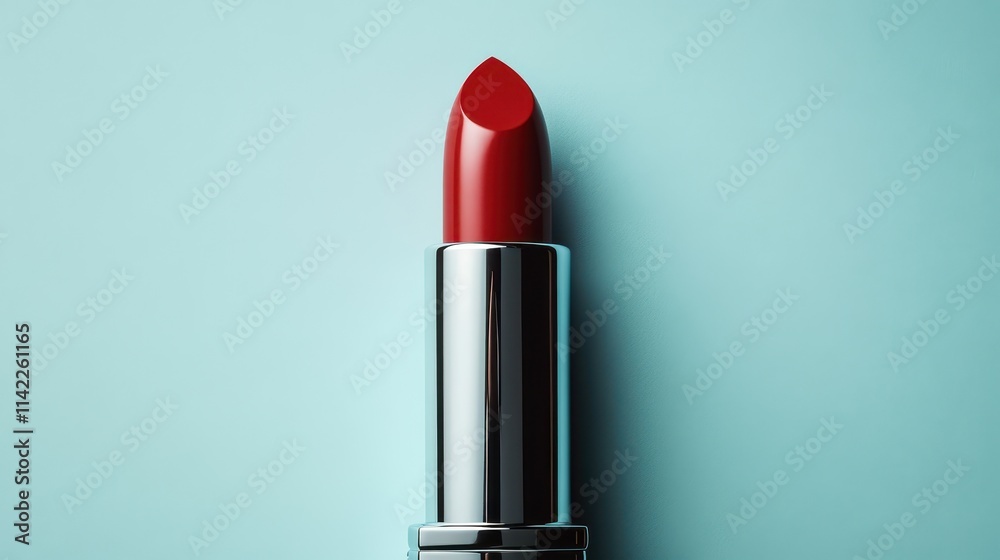 Bright red lipstick stands elegantly on a clean light blue background for a bold statement Bright red lipstick stands elegantly on a clean light blue background for a bold statement