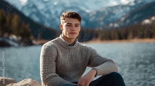 A young male model in a sweater, sitting on a rock in front of a lake with mountains in the background, peaceful scene