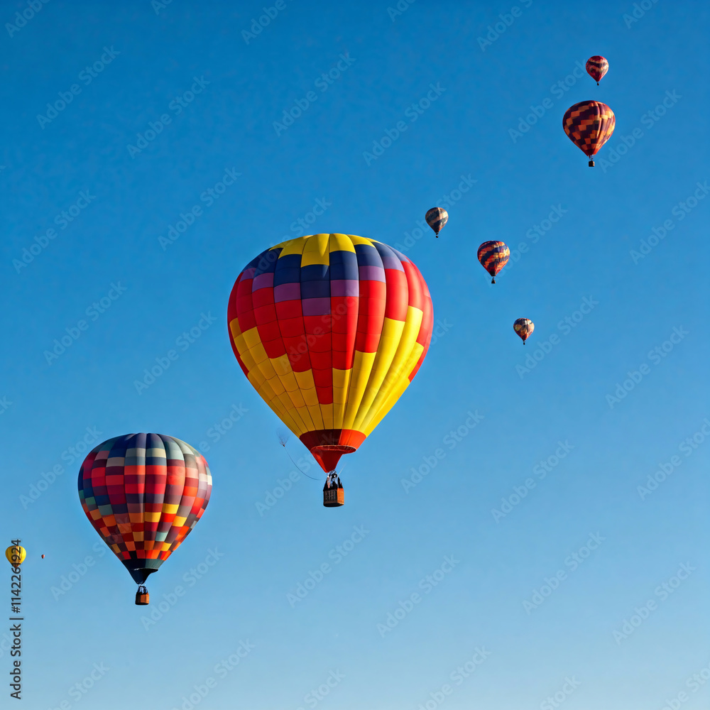 Naklejka premium Several colorful hot air balloons drift against a clear blue sky, creating a vibrant and whimsical scene