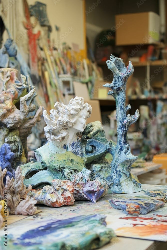 Obraz premium Sculptures, paint, art studio, textured surfaces, creative process.