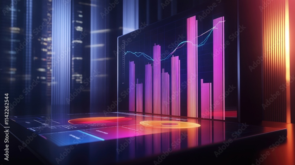 A creative 3D financial chart with interactive bars and pie slices, displayed on a large touchscreen in a business meeting, representing investment opportunities. A creative 3D financial chart with interactive bars and pie slices, displayed on a large touchscreen in a business meeting, representing investment opportunities.