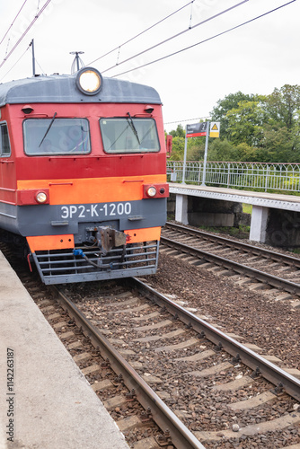 Train pulls up to the platform. public transport. railway. Russia, Tula region