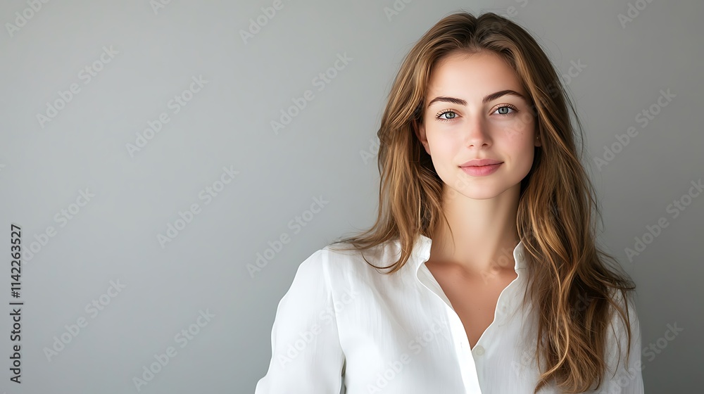 Female model in a bright white blouse, posing naturally under soft studio light for a relaxed, elegant look Female model in a bright white blouse, posing naturally under soft studio light for a relaxed, elegant look