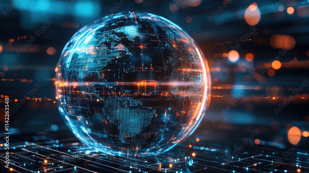 A crystal-clear sphere with embedded digital circuitry glowing and connecting, top view, highlighting advanced global networks, advanced tone, vivid A crystal-clear sphere with embedded digital circuitry glowing and connecting, top view, highlighting advanced global networks, advanced tone, vivid