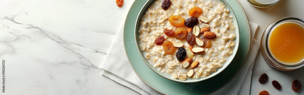 Bowl of Creamy Oatmeal Topped with Dried Fruits Bowl of Creamy Oatmeal Topped with Dried Fruits
