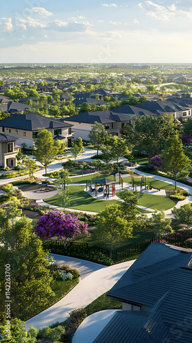 Aerial view of a suburban neighborhood with parks and recreational areas.