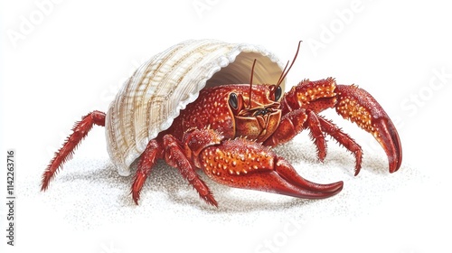 Detailed Illustration of a Vibrant Hermit Crab Nestled in a Shell on White Background, Capturing Unique Features and Textures Perfect for Marine Life Themes photo