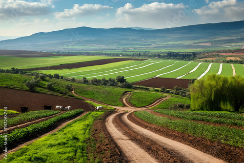 Scenic view of rolling farmland with a winding dirt road and lush green fields.