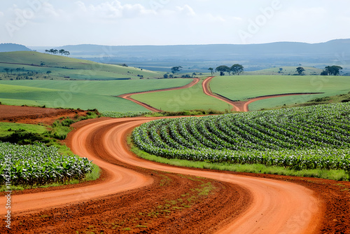 A winding dirt road through lush green fields and rolling hills under a clear sky.